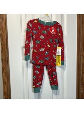 Kidgets Red and Green Pajama Set with Dinosaur Prints